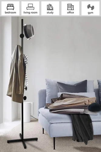 Miniatura 6 de Perchero independiente, árbol de abrigo negro con 8 ganchos de metal para entrada, pasillo, dormitorio, oficina para abrigos, ropa colgante