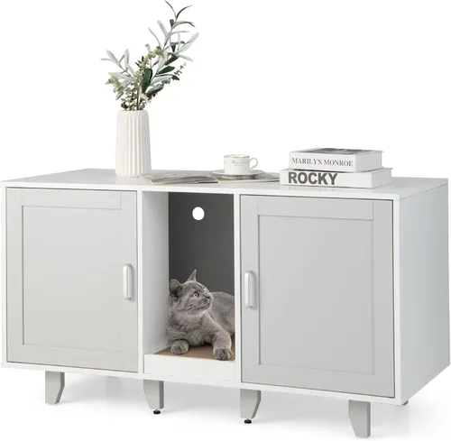 Miniatura 10 de PETSITE Caja de arena para 2 cajas de arena, mesa auxiliar oculta para baño de gatos con 2 gabinetes, tabla de rascar, muebles de arena para gatos