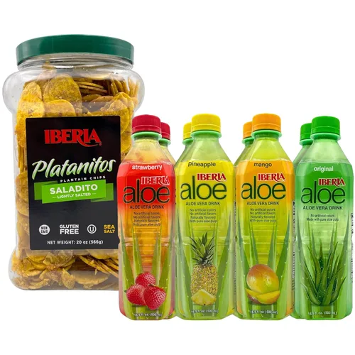 Miniatura 3 de Iberia Chips de plátano ligeramente salados, 20 onzas + bebida de jugo de aloe vera Iberia con pulpa de aloe pura, original, 16.9 onzas líquidas
