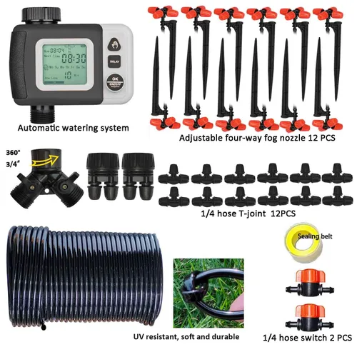 Miniatura 2 de Kit de riego por goteo Sistema de riego automático con temporizador de agua de 64 pies con tubo de 1/4 y 12 boquillas de riego de lluvia en 4