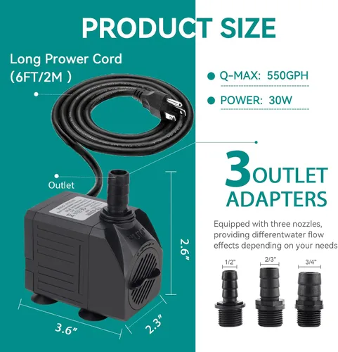 Miniatura 2 de FREESEA Bomba sumergible para acuario: 30 W 550 GPH bombas de agua silenciosas ajustables con elevación de 7.2 pies de altura para estanques