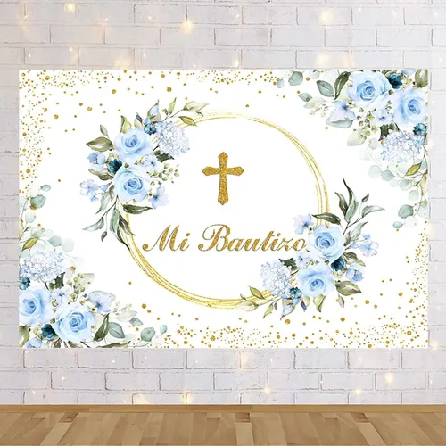 Miniatura 5 de AIBIIN Telón de fondo Mi Bautizo de 7 x 5 pies para niño, color azul, floral, bautismo, primera comunión, fotografía, fondo, bautizo, puntos