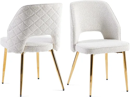 NORDICANA Juego de 2 sillas de comedor modernas, sillas acentuadas tapizadas en beige bouclé con patas doradas de metal, sillas laterales de