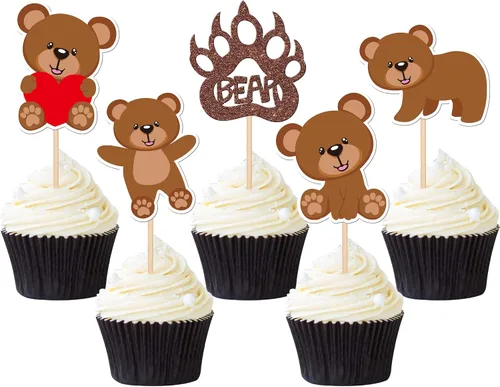 Miniatura 8 de 24 PIEZAS Oso de Peluche con Texto "We Can Bearly Wait" Adornos de Cupcake con Purpurina, Globo Oso para Revelación de Género, Adornos de Baby
