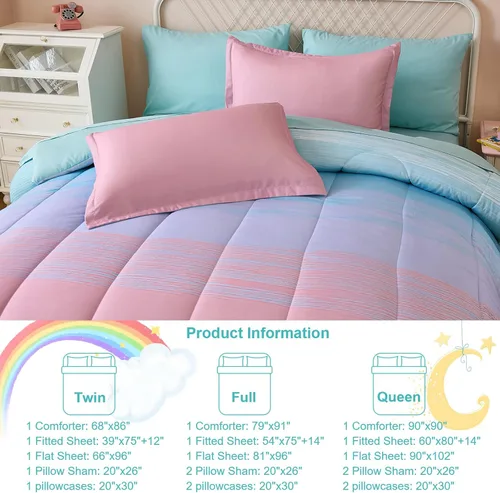 Miniatura 40 de Dinjoy Juego de edredón para niñas, tamaño individual, colorido, azul, rosa, morado, arcoíris, juego de ropa de cama de 6 piezas en una bolsa