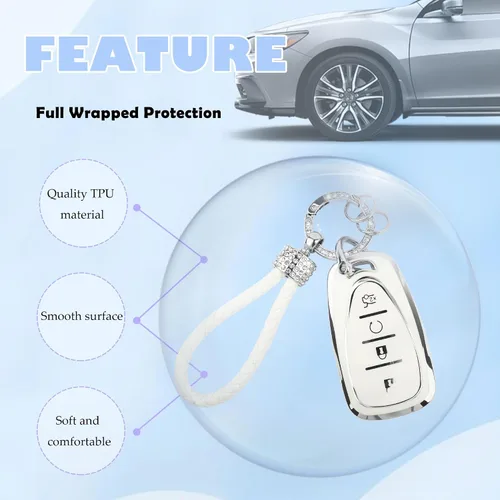Miniatura 4 de Funda brillante para llavero de automóvil compatible con Chevrolet de 4 botones, funda de TPU con llavero, accesorios de automóvil protector