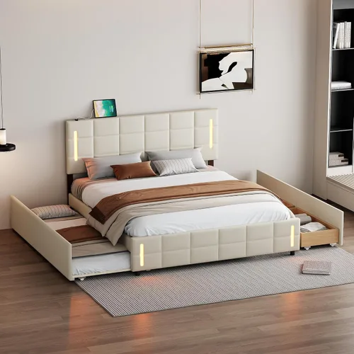 Miniatura 32 de Cama de plataforma flotante, marco de cama de madera tamaño individual con rayas claras, tela de lino suave y cabecera de diseño capitoné