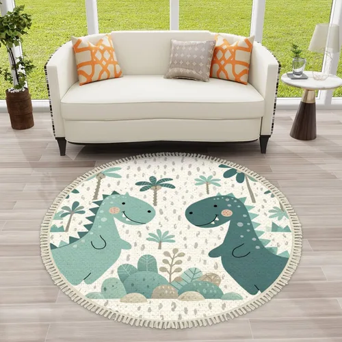 Miniatura 3 de Round Rugs - Alfombra de dinosaurio para bebé y niño, diseño escandinavo, bonita alfombra de lino y algodón, alfombra de meditación, lavable