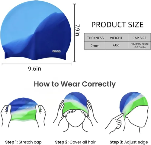 Miniatura 5 de Gorros de natación de silicona, paquete de 2 gorros de natación duraderos y cómodos para adultos, elastoméricos para mujeres y hombres, pelo corto