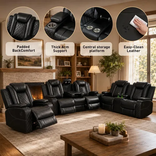 Miniatura 6 de Juego de sofá de cuero reclinable eléctrico, 3 piezas, asientos de cine en casa con luces LED, carga inalámbrica, puertos USB, consola de Negro