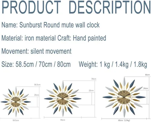 Miniatura 4 de Clock Wall Clock Large Wall Clock,Retro Feather Geometric Design,Mute Golden Clock,Modern Polychromatic Vintage Metal Wall Clock Kitchen,Blue