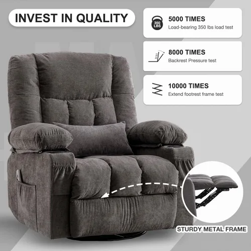 Miniatura 6 de Silla reclinable giratoria con funciones de masaje por vibración y calefacción para adultos, sofá individual reclinable de gran tamaño con bolsillo
