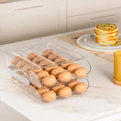 Miniatura 6 de Soporte para huevos para nevera, organizador automático de huevos con ruedas para refrigerador, contenedor apilable transparente para almacenamiento
