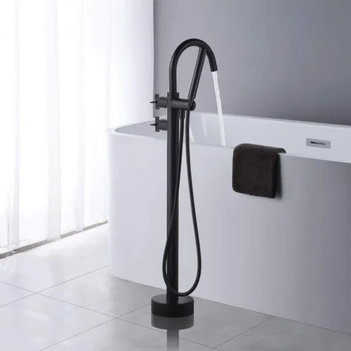 Miniatura 3 de Grifo de bañera independiente Llenador de bañera Grifos de latón de montaje en piso negro con ducha de mano