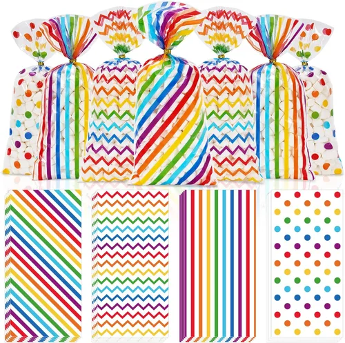 Miniatura 14 de Whaline 160 bolsas de celofán plateado con lazos torcidos, diseño de rayas onduladas, bolsas de plástico para golosinas, bolsa de dulces