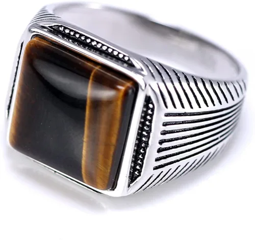 Anillo de plata para hombre Piedra natural de ojos de tigre Anillo turco Anillo retro grabado geométrico por Fantasy World, Metal precioso, ojo