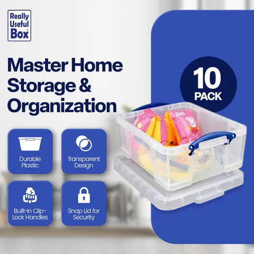 Miniatura 2 de Really Useful Box - 10 unidades de contenedores de plástico para almacenamiento de 17 L, con tapas de cierre rápido y candado de clip, transparentes