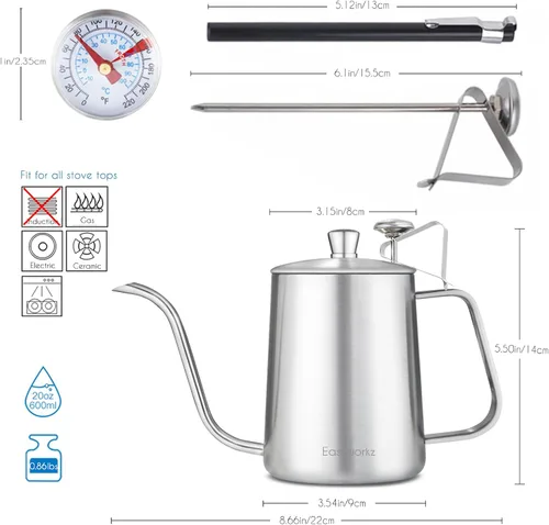 Miniatura 2 de Easyworkz Gage - Hervidor de café de cuello de cisne para verter sobre 20 onzas con termómetro de acero inoxidable con boquilla larga y estrecha