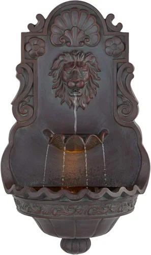 Fuente de pared de león real de 31.5 pulgadas de alto, gran decoración rústica para interiores y exteriores, de bronce, con luz LED, estatua,