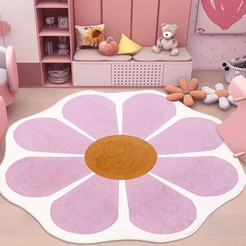 USTIDE Alfombra redonda grande en forma de flor de 63 pulgadas, alfombra circular rosa para dormitorio, sala de estar, alfombra floral lavable para