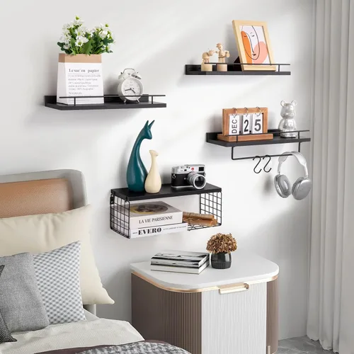 Miniatura 6 de SALA Juego de 4 estantes de baño para montar en la pared, estantes flotantes sobre papel higiénico con toallero, estantes de pared de madera