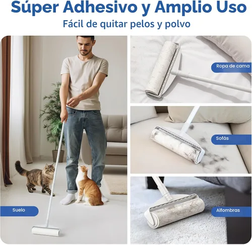Miniatura 3 de Rodillos de pelusa grandes para alfombras, rodillos adhesivos para piso DELOMO de 9.45 pulgadas con 3 mangos extensibles, trapeador adhesivo
