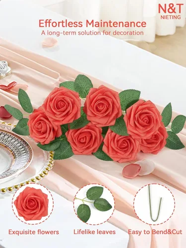 Miniatura 5 de N&T NIETING Flores artificiales, 25 rosas falsas de espuma de coral de aspecto real con tallos para ramos de boda, centros de mesa de despedida