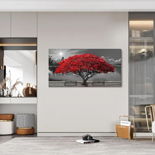 Miniatura 7 de Mofutinpo Arte de Pared de Árbol Rojo en Blanco y Negro Impresión en Lienzo Cuadro Paisaje de Árbol Rojo Grande Obra de Arte Moderna para Sala