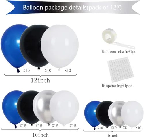 Miniatura 7 de Kit de arco de guirnalda de globos azules, negros y blancos, plateados, 127 globos de color azul rey, blanco, negro, plateado, metálico, para Azul