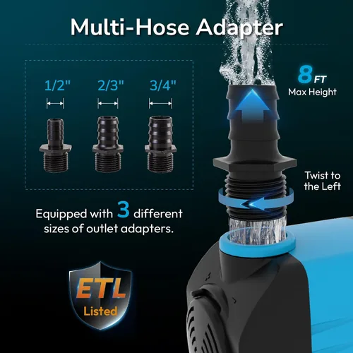 Miniatura 4 de Hexago Bomba sumergible de 400 GPH, bombas de fuente de agua ultra silenciosas con elevación de 8 pies, cable de alimentación de 6 pies, 3
