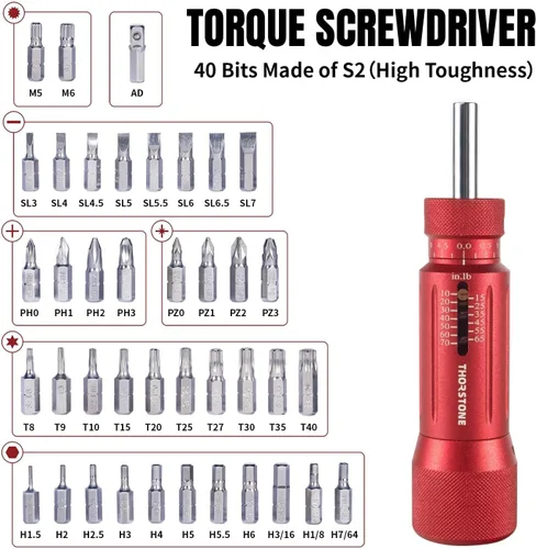Miniatura 3 de THORSTONE Juego de llaves dinamométricas de 1/4 pulgada con 40 puntas S2, herramienta de precisión de 10-70 in-lb para mantenimiento y montaje