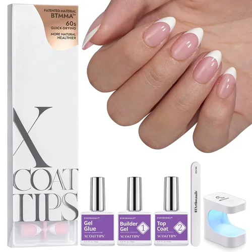 BTArtboxnails XCOATTIPS - Uñas a presión, puntas cortas de almendra con gel de uñas, dúo protector francés, lámpara de uñas, gel suave todo en uno,