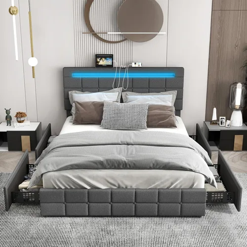 Miniatura 10 de KOMFOTT Base de cama individual con estación de carga y luces LED, base de cama de plataforma tapizada con cabecera ajustable y 4 cajones