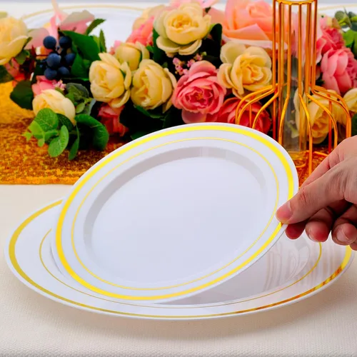Miniatura 6 de Juego de vajilla de oro de 175 piezas para 25 invitados, platos desechables de plástico blanco con borde dorado resistentes para fiesta y boda