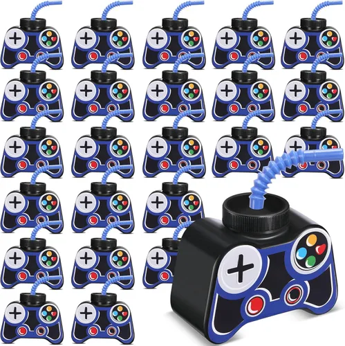 Miniatura 8 de Mifoci 24 vasos de plástico para fiestas de videojuegos con pajita y tapa, tazas de 10 onzas con temática de cumpleaños para jugadores, 7º recuerdos