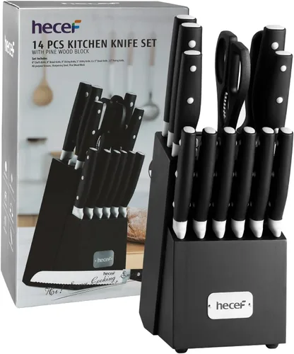 Miniatura 9 de hecef Juego de cuchillos de cocina, juego de cuchillos de 14 piezas con bloque de madera y afilador de acero y tijeras multiusos, juego de cubiertos
