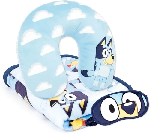 Jay Franco Bluey - Juego de viaje para niños, juego de 3 piezas, incluye manta de 40 x 50 pulgadas, máscara de ojos y almohada para el cuello,