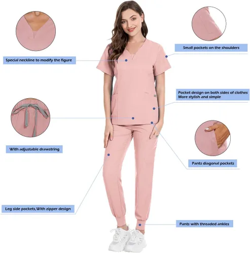 Miniatura 4 de niaahinn Conjunto de traje médico para mujer, moderno top con cuello en V y pantalones deportivos de pierna cónica con cordón, conjunto de uniformes