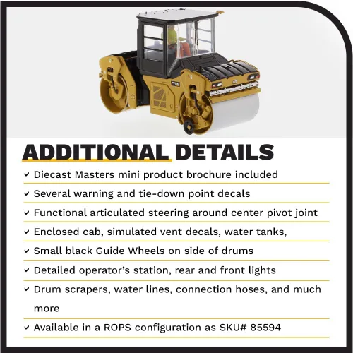 Miniatura 5 de Diecast Masters Compactador vibratorio Caterpillar CB-13 a escala 1:50 con cabina cerrada Camiones Cat Series High Line y equipos de construcción