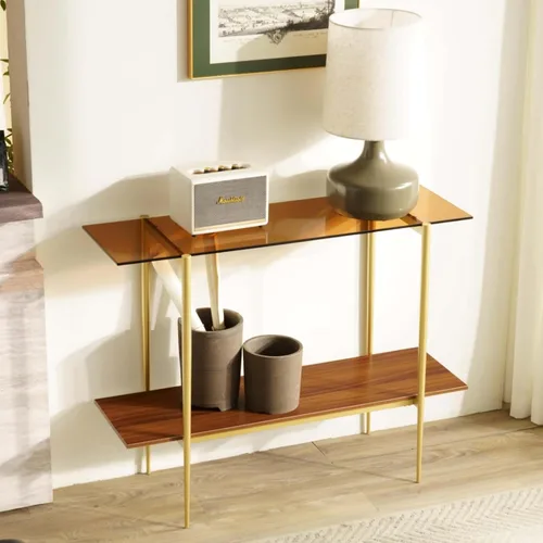 Miniatura 10 de Saint Mossi - Mesa consola marrón de 2 niveles para sala de estar, mesa de entrada estrecha moderna para pasillo, vestíbulo, pasillo, oficina, parte