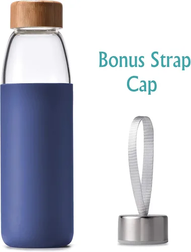 Miniatura 2 de Botellas de agua de vidrio de borosilicato de 25 onzas con tapa de bambú, sin BPA, funda de silicona antideslizante y tapa a prueba de fugas de Azul
