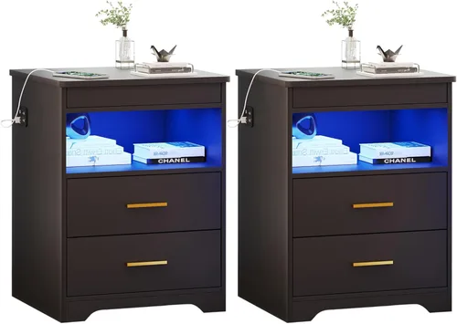 Miniatura 11 de Mesita de noche con cajón para armas, mesa de noche con carga y puerto USB y tipo C, mesita de noche LED con luz sensora humana, mesa auxiliar
