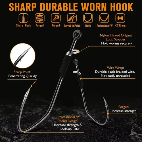 Miniatura 2 de Dovesun Weedless Worm Hooks Wacky Rig Hooks Texas Rig Hooks 30PCS Professional V Bass Fishing Hooks for Freshwater Saltwater 1/0 2/0 3/0