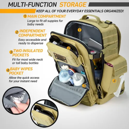 Miniatura 6 de SHARKMOUTH Bolsa de pañales militar para bebé, mochila grande para bebé con cambiador para niño y niña, bolsa de pañales para papá del ejército