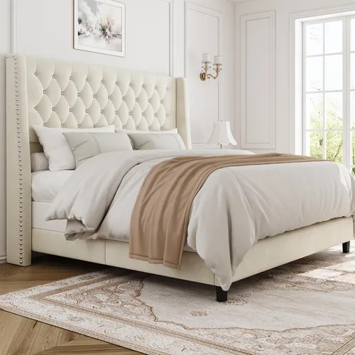 Base de cama tamaño Queen con cabecera de 140 cm de altura, somier tapizado, tela suave, cabecera acolchada con botones y respaldo, cama con Beige