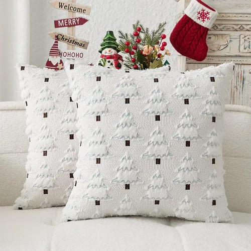 Miniatura 8 de Kevin Textile - Fundas de almohada con diseño de árbol de Navidad de 16 x 16 pulgadas, juego de 2, bordado de lujo, felpa suave, piel sintética