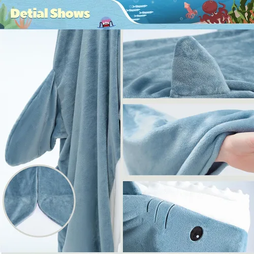 Miniatura 5 de Touchat Manta de Tiburón, Disfraz de Enterizo para Adulto, Manta Suave y Acogedora de Franela con Dibujos de Animales para Cosplay, Manta con Azul