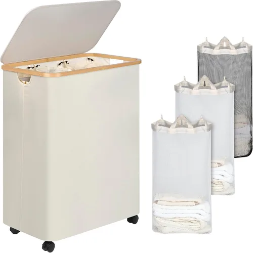 Miniatura 11 de iEGrow - Canasta de lavandería de 150 litros con tapa - Gran canasta de lavandería con asas de bambú, color gris, cestas para lavandería, cesta