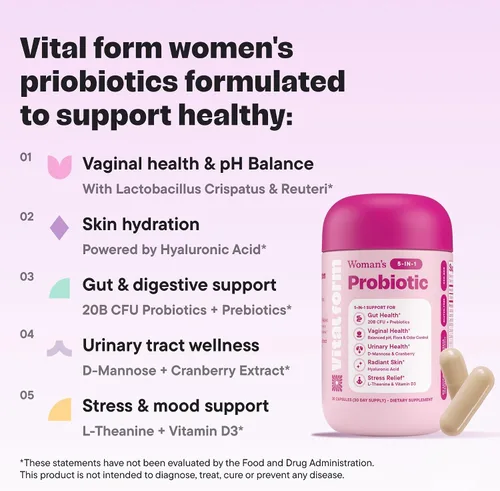 Miniatura 7 de Probiótico para mujeres 20 mil millones de CFU – Apoyo diario 5-en-1 para la salud digestiva, vaginal y urinaria – con arándano, D-manosa