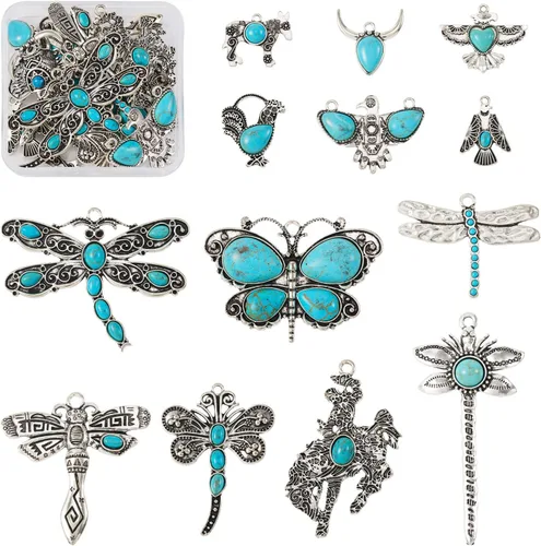 Miniatura 12 de Colgantes de estilo tibetano, dijes de piedra turquesa sintética para collar, pulsera, joyería, fabricación de artesanías, Gema, No es una piedra